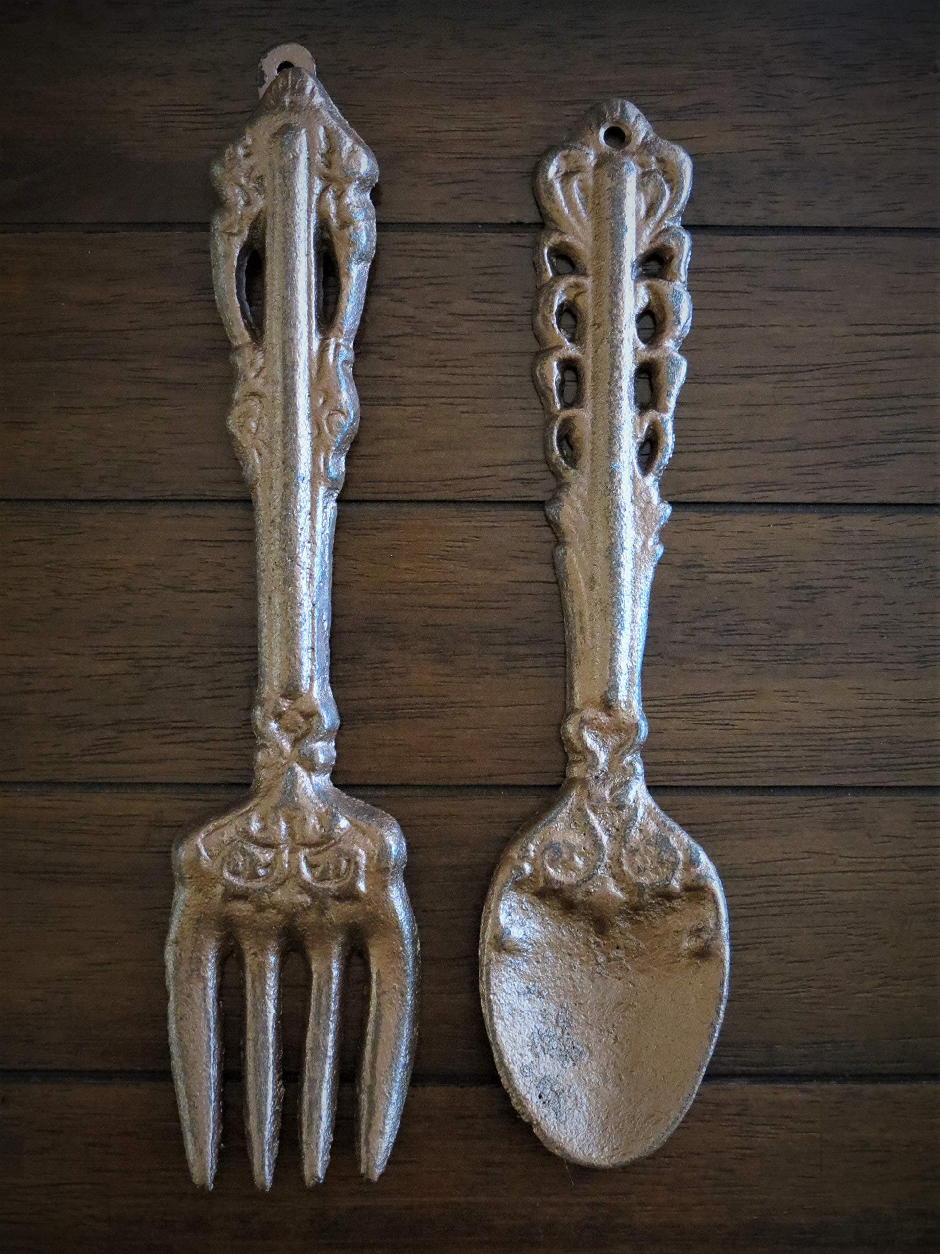 Fork and Spoon Wall Decor Aged Copper Or Pick Your Color Rustic Kitchen Wall Décor Cast Iron Oversized Utensils Decor