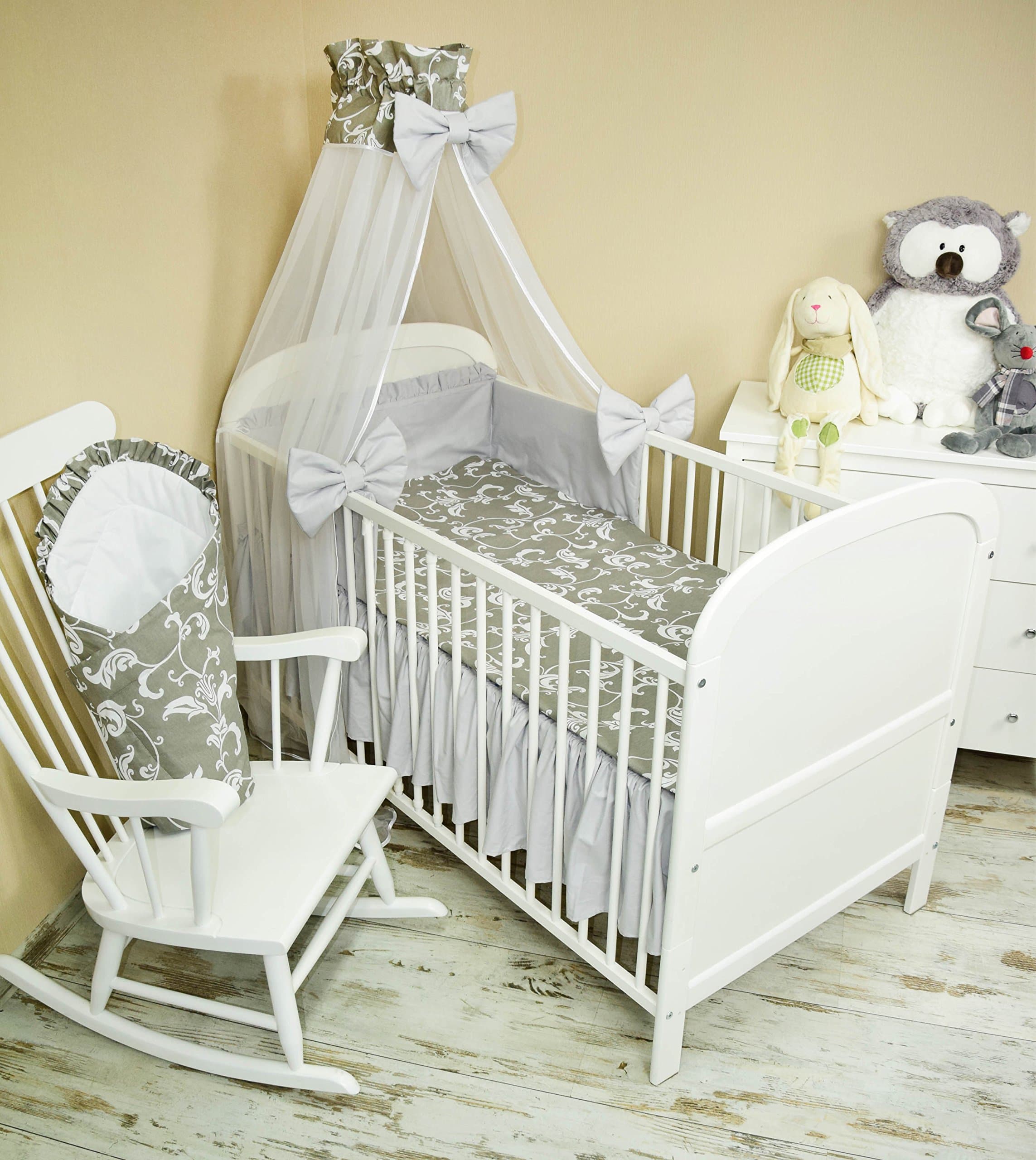 Baby Bedding Set 5 Pieces Bedding Set with Cot Bumper, Canopy Children's Bed Linen 100 x 135 cm BRAND NEW Chiffon Sky Retro White on Grey