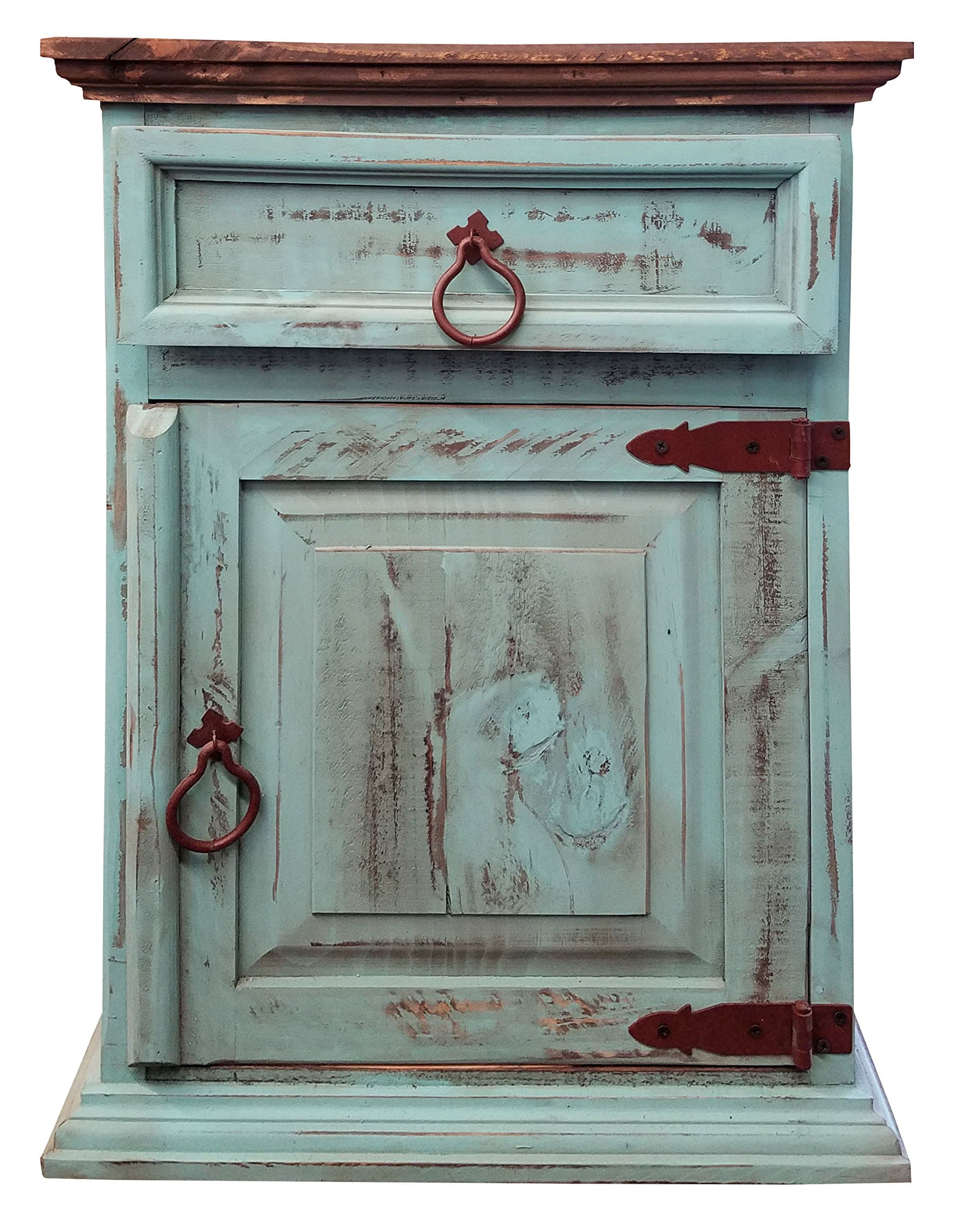 Handscrape Rustic Western Country Nightstand End Table Already Assembled (Right Hinged, Aqua)