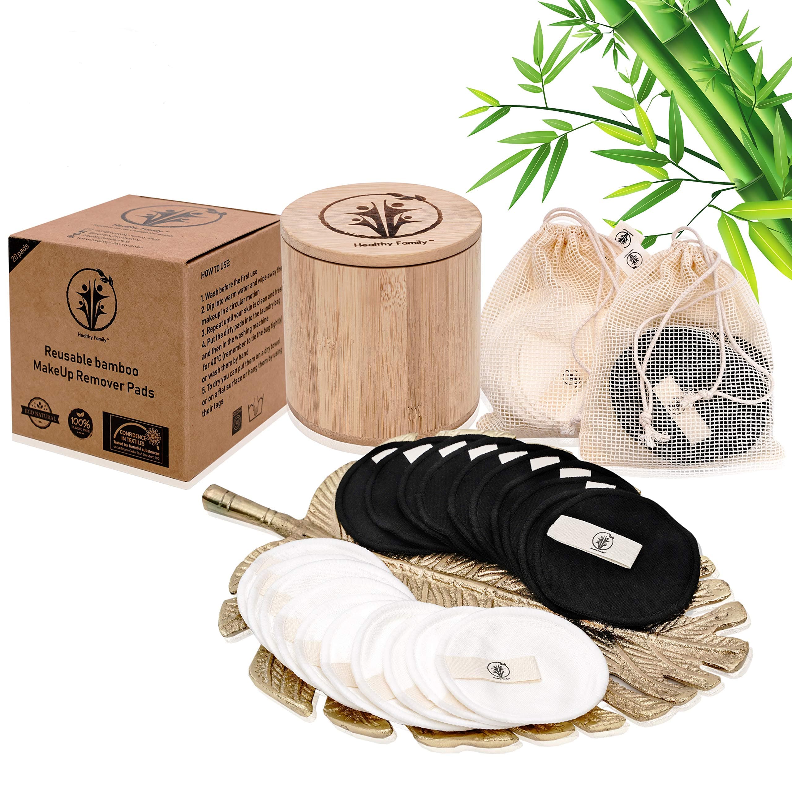 Reusable Cotton Pads- 20 Packs. Zero waste set. Set includes 20x Bamboo Cotton Pads with bamboo storage jar, 2x cotton laundry bag, 100x Biodegradable Ear Buds, Bentonite Clay Mask by Healthy Family