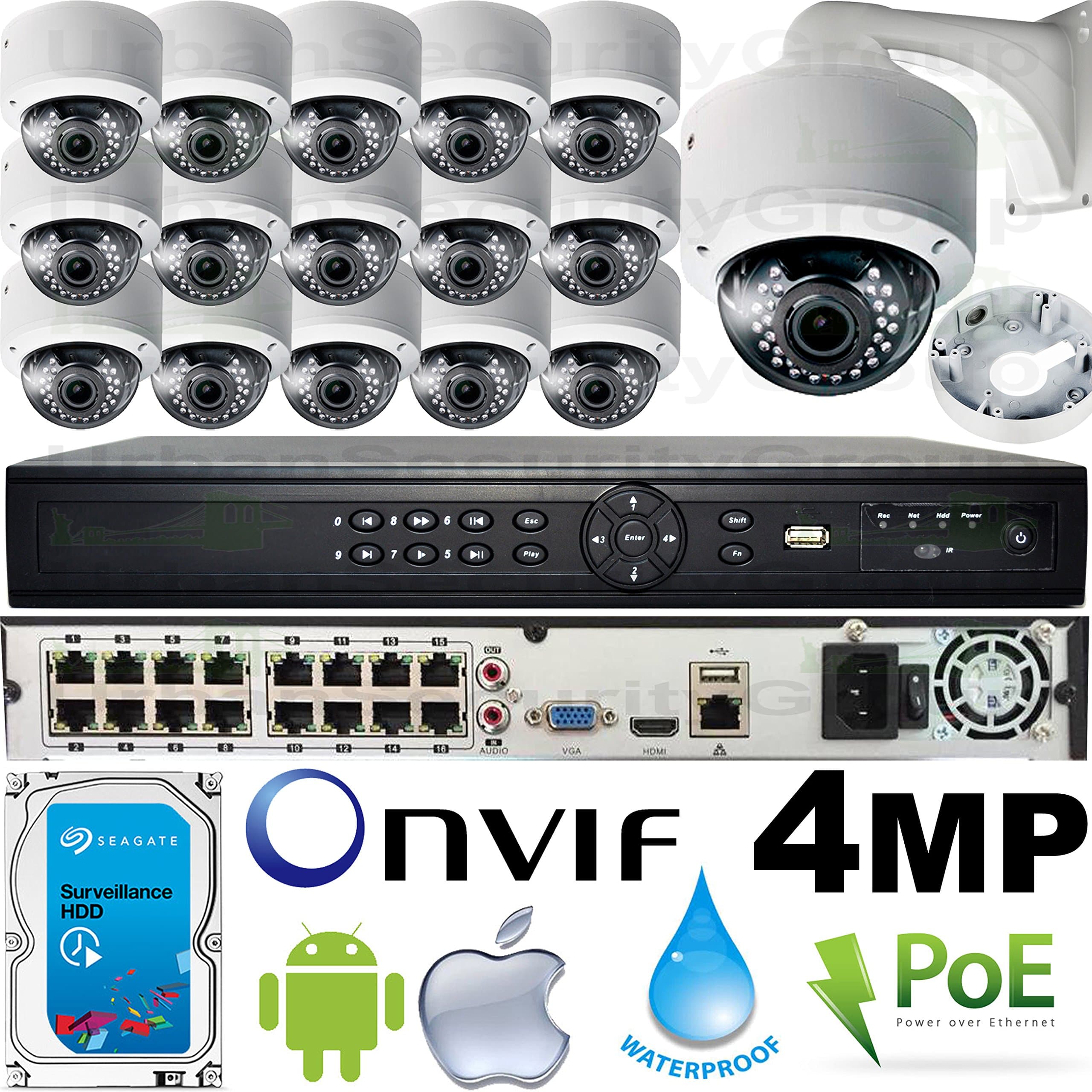 Urban Security Group 4MP 16 Camera IP Security System : Ultra 4K 16 Channel Security NVR + 16x 4MP 2.8-12mm PoE IP Dome Cameras with Bracket & Deep Base + 1x 4TB HDD : Phone App