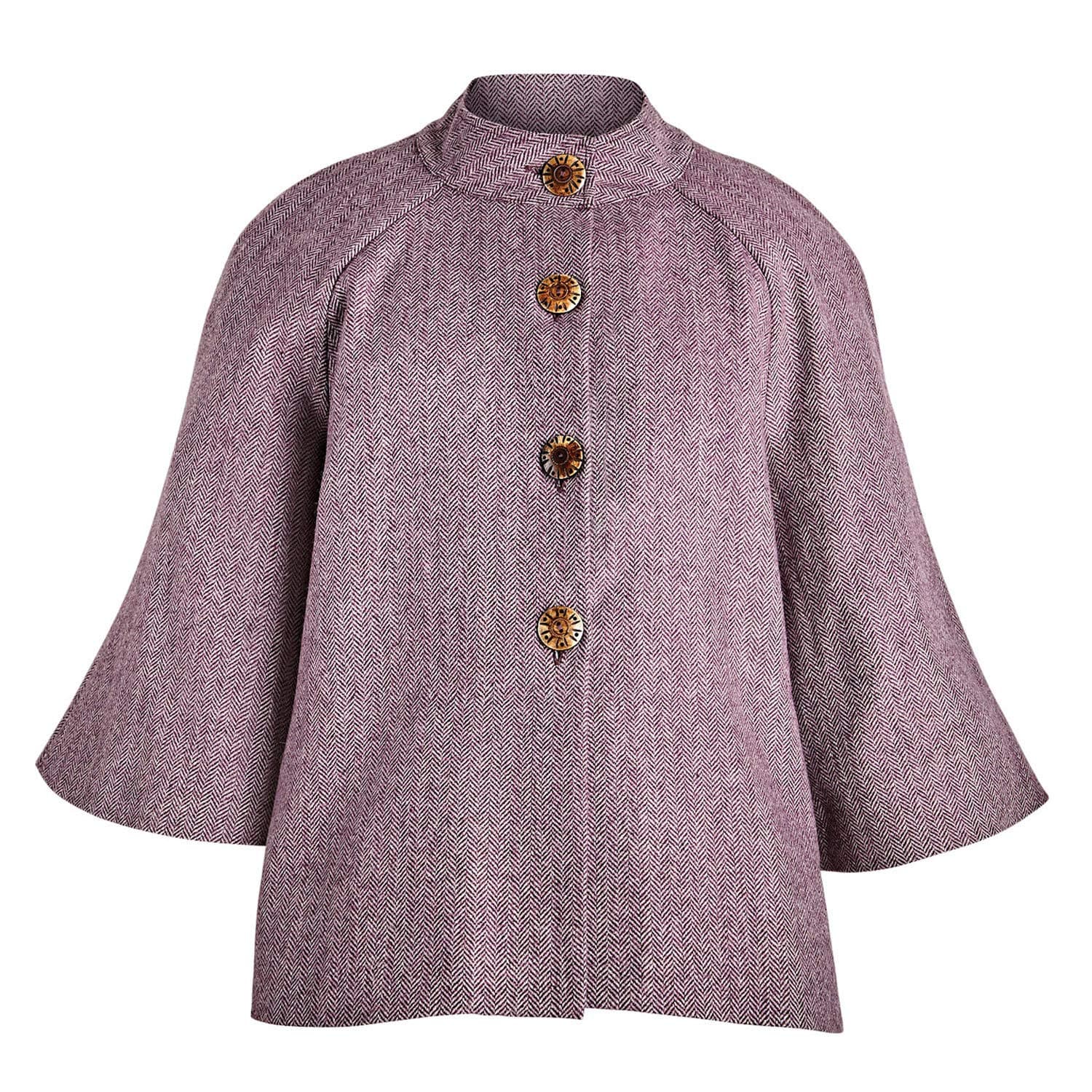 April Cornell Women's Plum Herringbone Cape Jacket- 100% Wool, Lined, 1/2 Sleeve