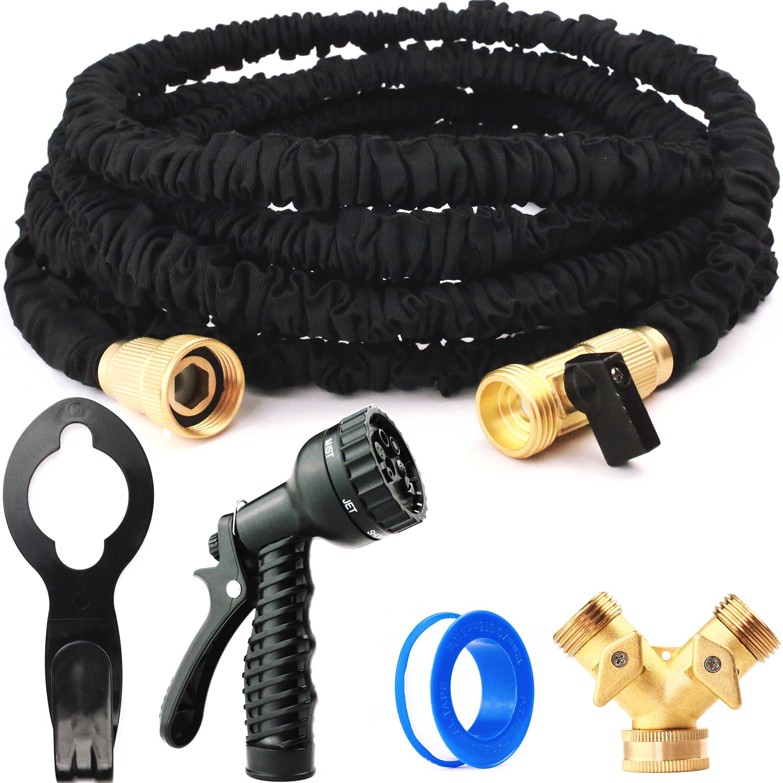 New Version FULL SET 75ft Heavy Duty Expandable Hose, Upgraded Brass Fittings, Shut-off Valve, Flexible, Expanding Garden and Utility Water Hose, 75 foot, Sprayer, Hanger, Splitter Adapter, Tape