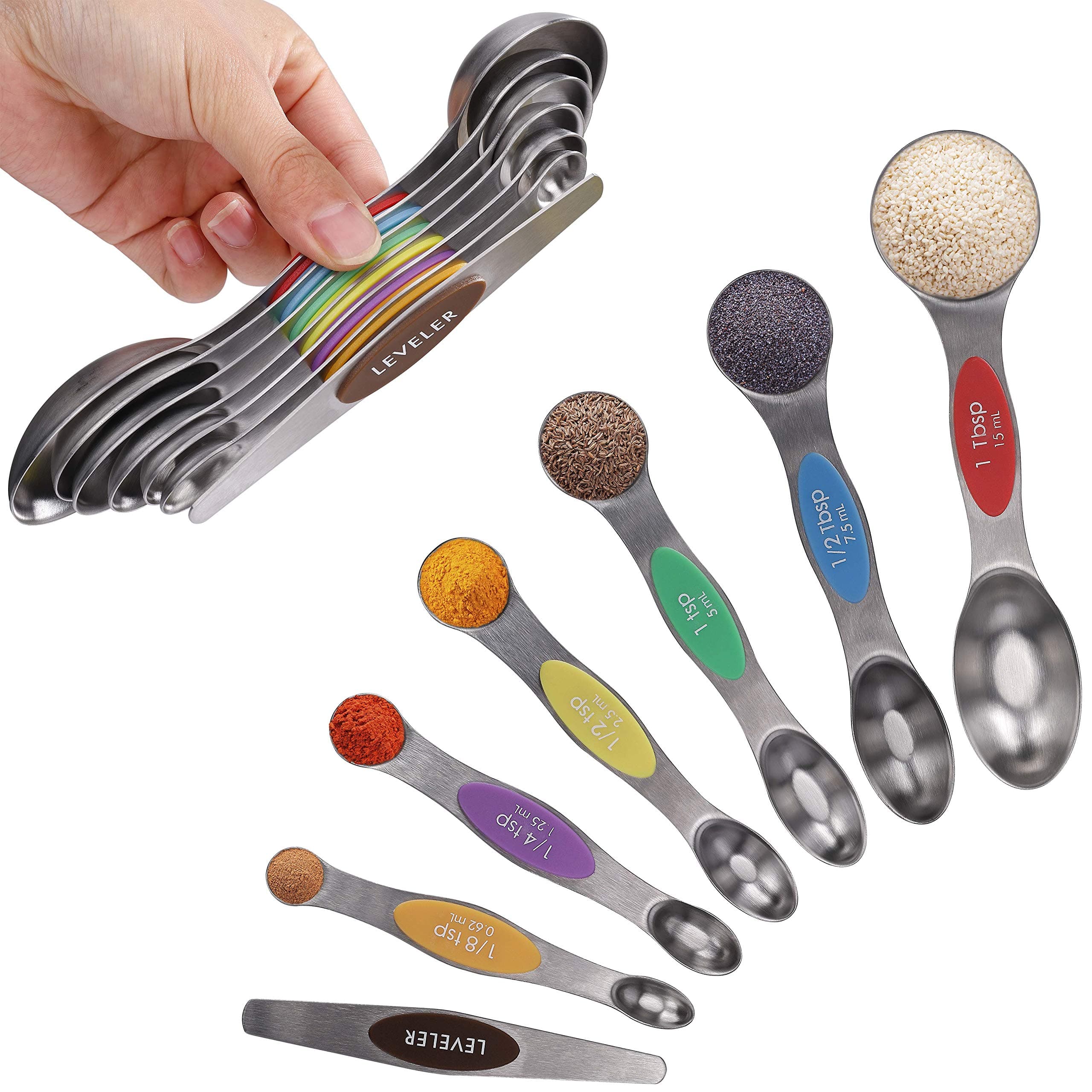 Magnetic Measuring Spoons Set Stainless Steel Stackable Dual Sided Teaspoons and Tablespoons with Accurate Measurement Markings for Measuring Dry and Liquid Ingredients, Set of 7 (Multicolor)