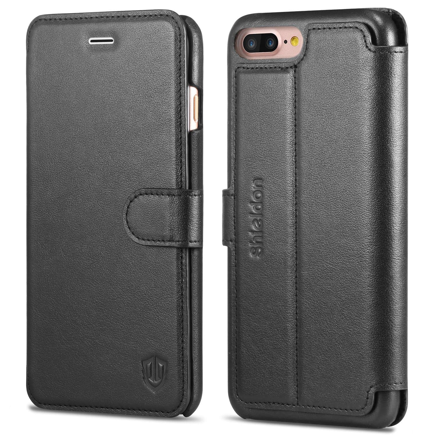 iPhone 8 Plus Case, iPhone 7 Plus Case, SHIELDON Genuine iPhone 7 Plus Leather Case [Card Slots] [Heavy Duty Protection] with Stand Magnetic Closure Flip Cover for iPhone 8 Plus/7 Plus - Black