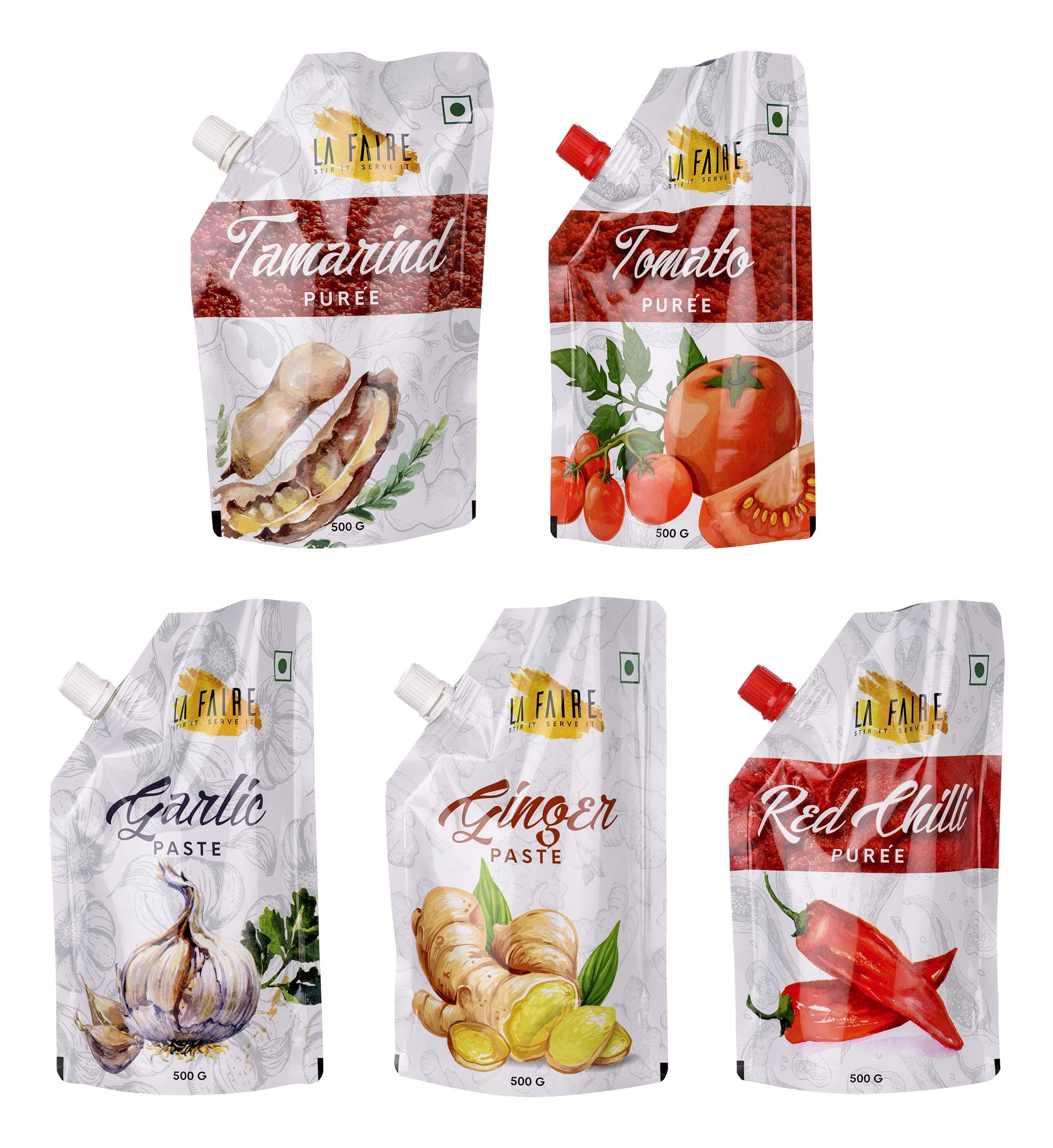La Faire Tomato Paste, Garlic Paste, Ginger Paste, Red Chilli Puree and Tamarind Puree, 2.5 kg (Combo of 5)