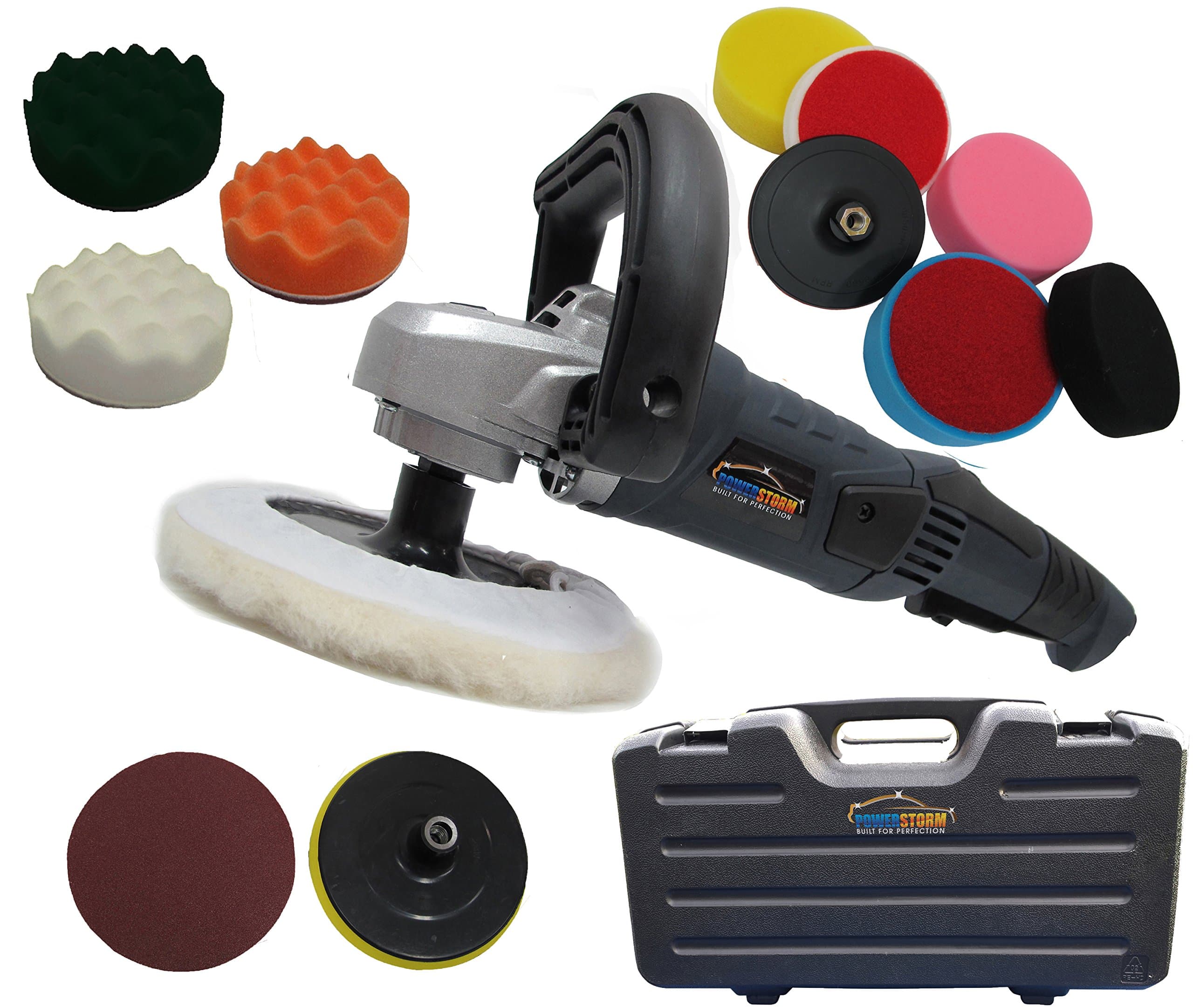 Powerstorm® Car Polisher Sander Buffer with Carry Case Plus 12 Car Polisher Heads PLATINUM WAVY Pack