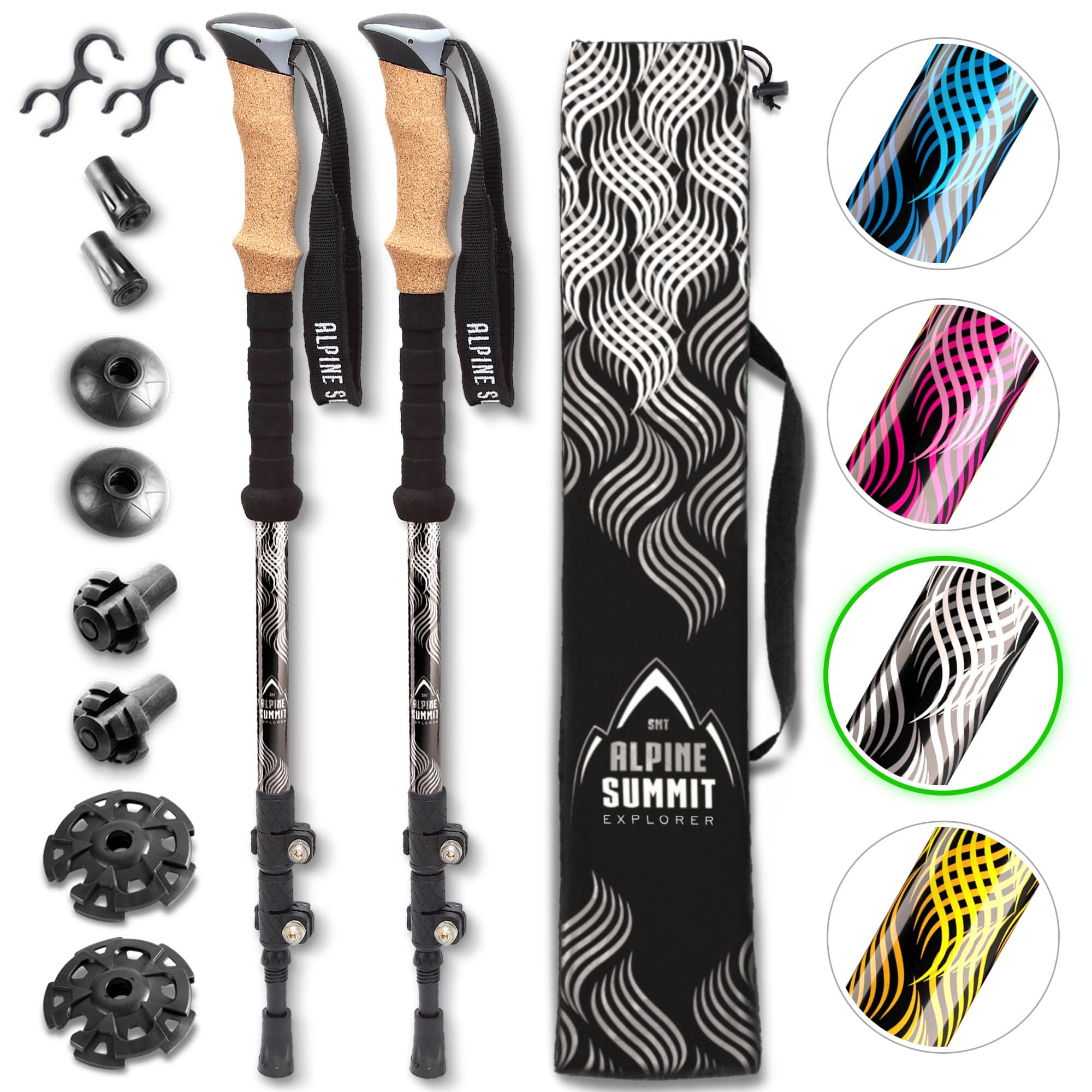 Alpine Summit Trekking Poles - 2-pc Pack Adjustable Hiking or Walking Sticks - Strong, Lightweight Aluminum 7075 - Quick Adjust Flip-Lock - Cork Grip, Padded Strap