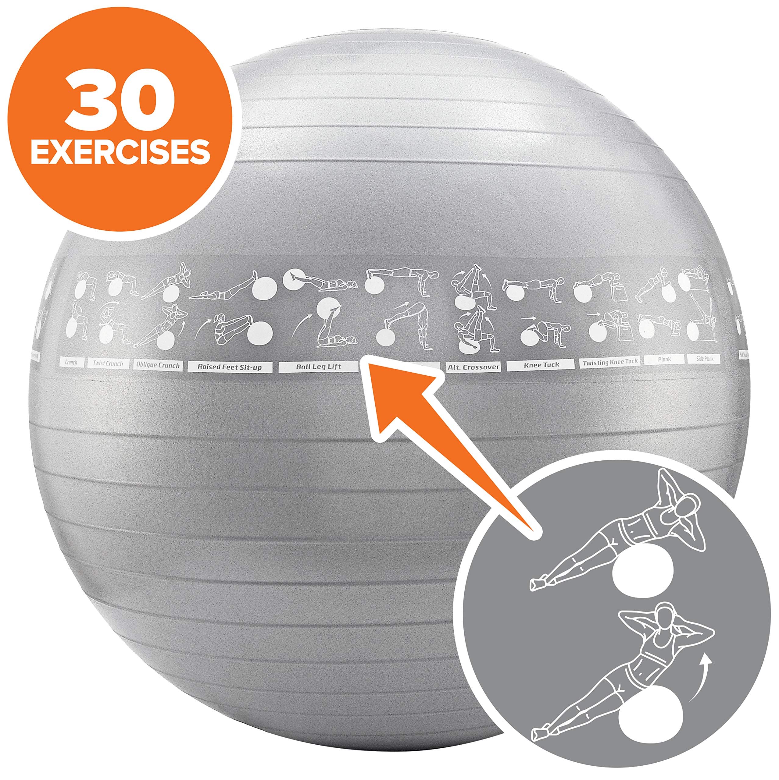Exercise Ball w/30 Exercises Printed On Silver/Grey Stability, Yoga, Home Gym Ball, Burst Resistant, 55cm 65cm 75cm Includes Foot Pump :: Tone & Tighten Abs, Core and Upper/Lower Body for Men & Women