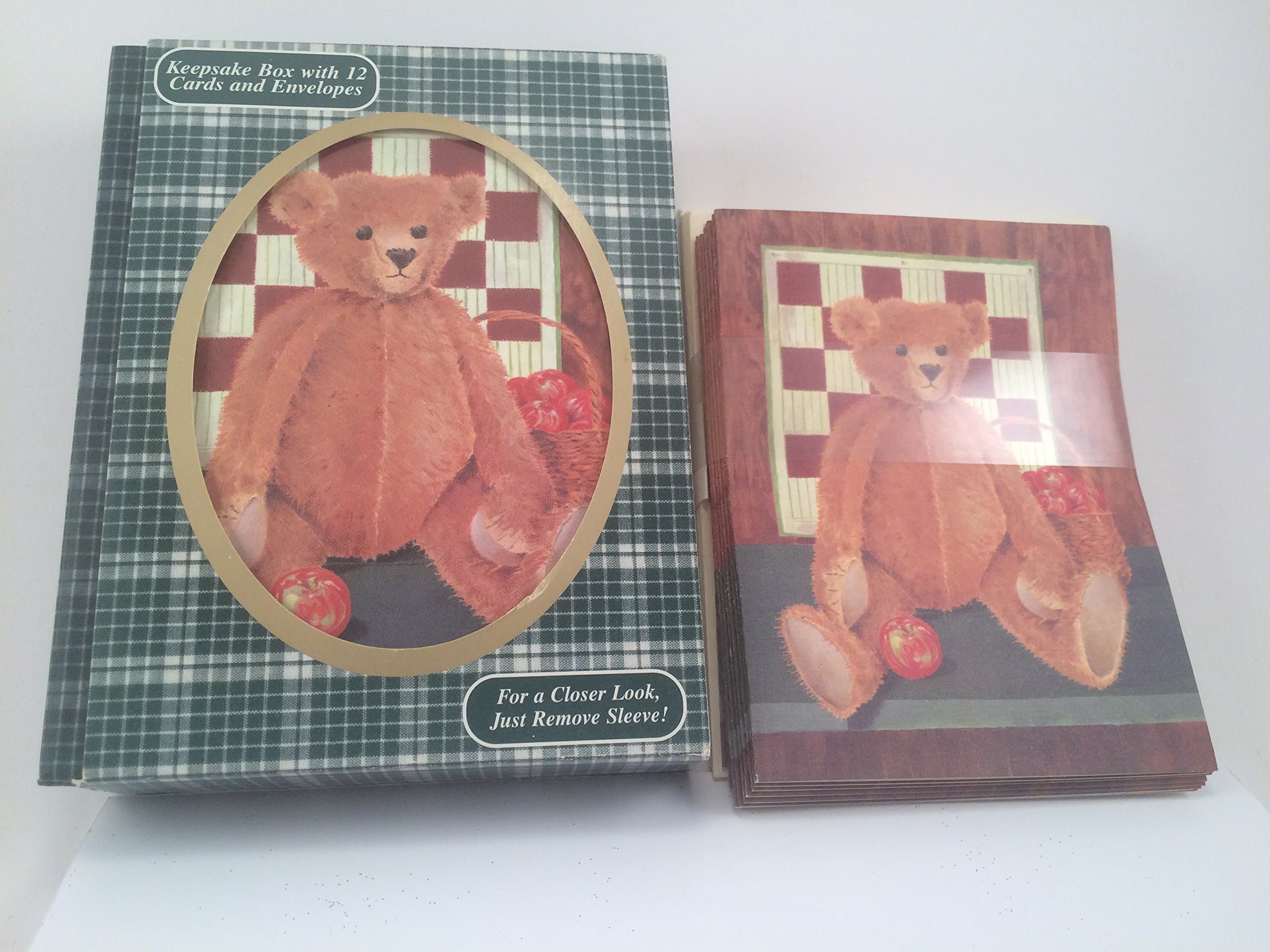 Note Cards and Envelopes in Keepsake Box Teddy Bear Checkerboard Country Theme