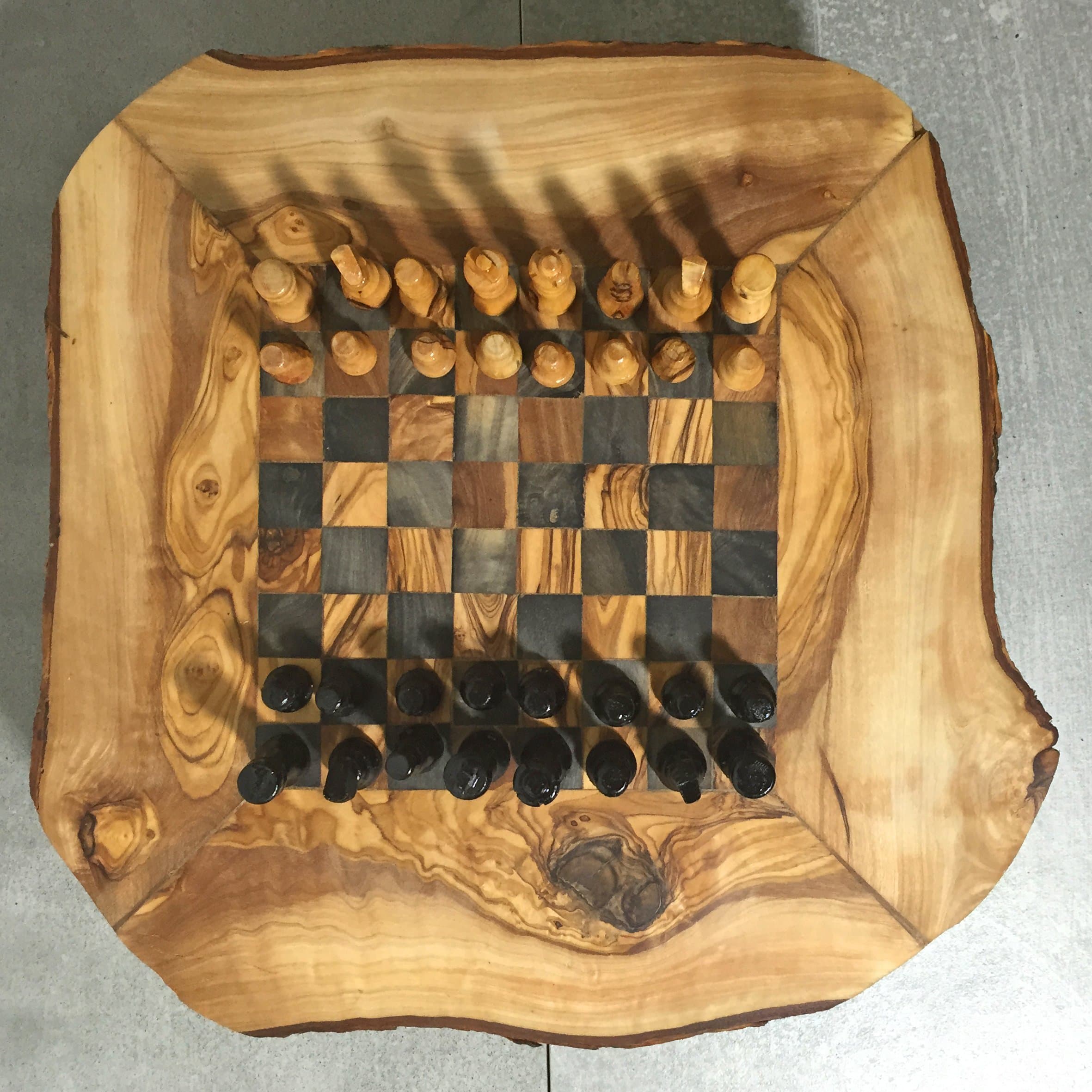 Chess Game Set from Olive Wood, rustic board, hand carved pieces, storage boxes
