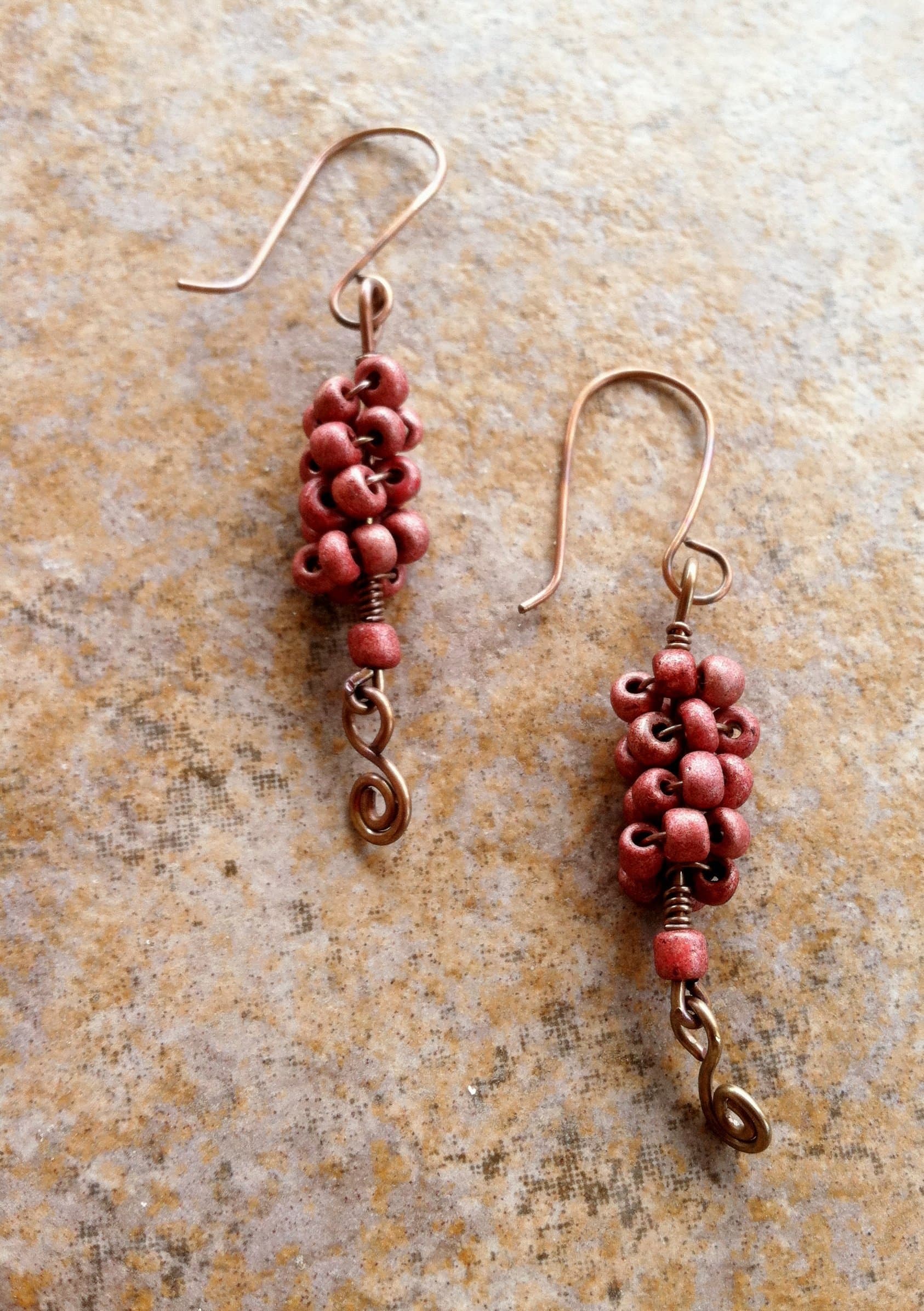 Handmade Oxidized Copper Wire Wrapped Peach Earrings