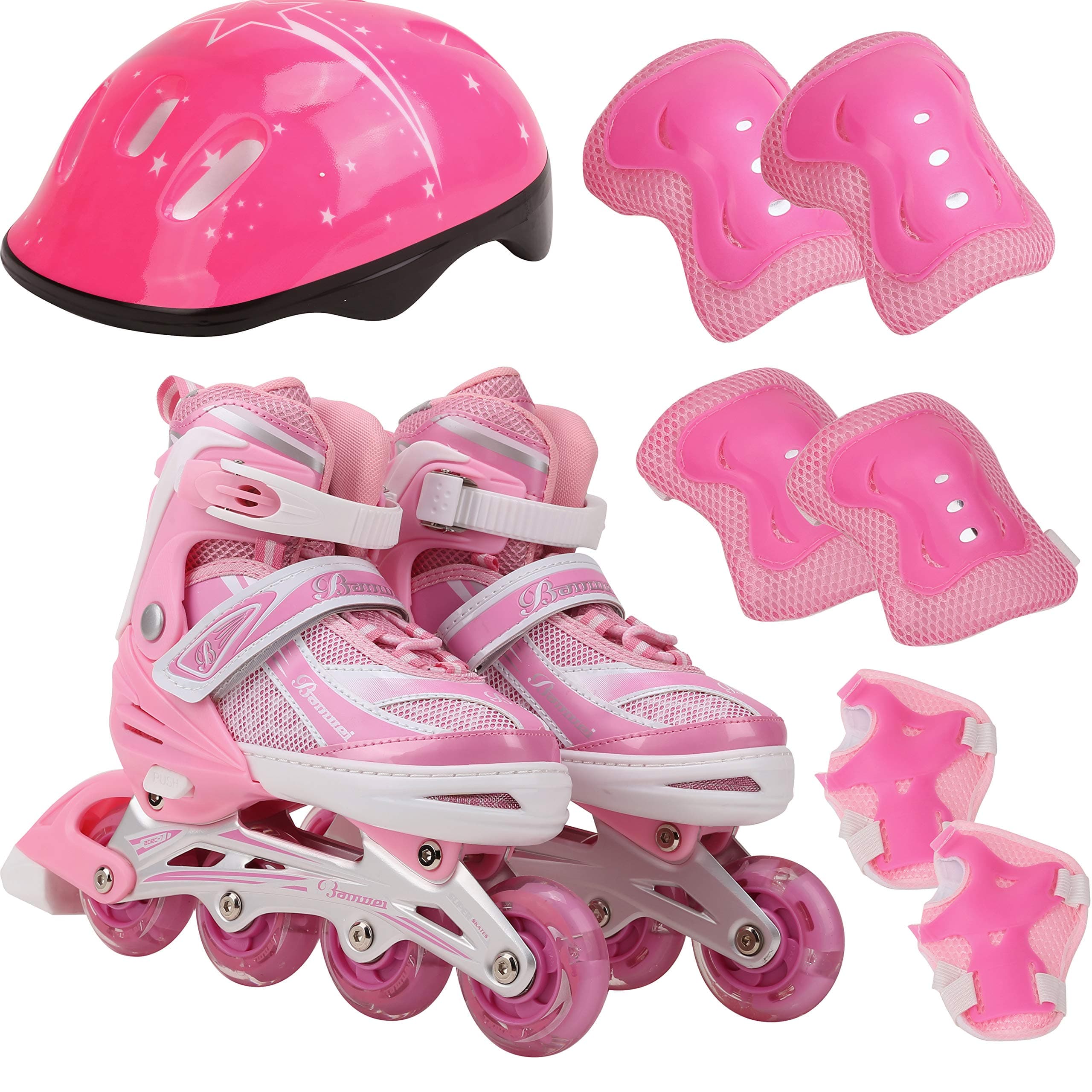 Kids Inline Adjustable Skates 6 PCS Beginer Set Safe Protective Pack Durable Safe Outdoor Light Up Wheels