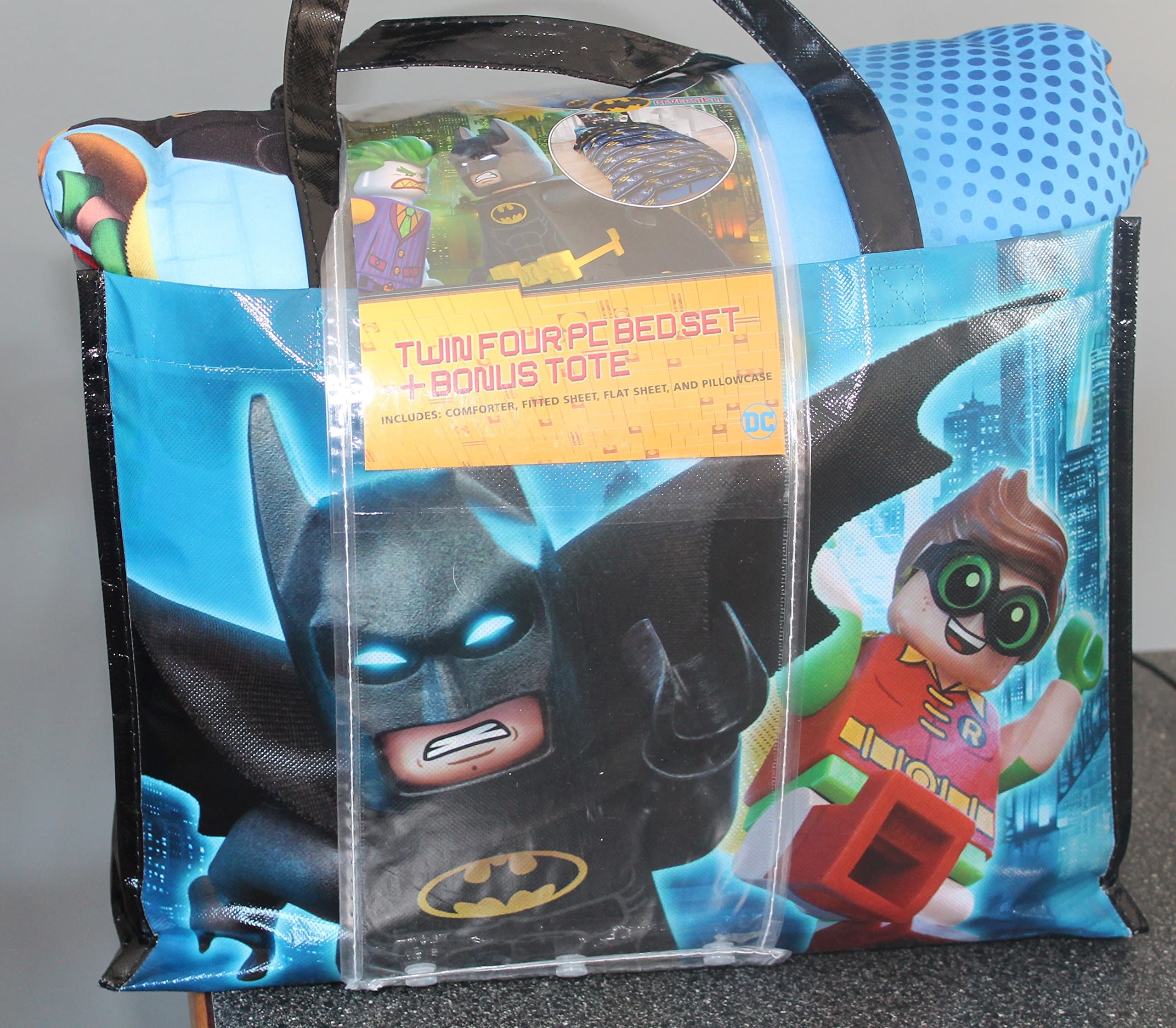 DC Lego Batman Twin Reversible Comforter four piece Bed Set plus Bonus Tote-Comforter-Fitted-Flat- and Pillowcase Shipped within 24 Hours