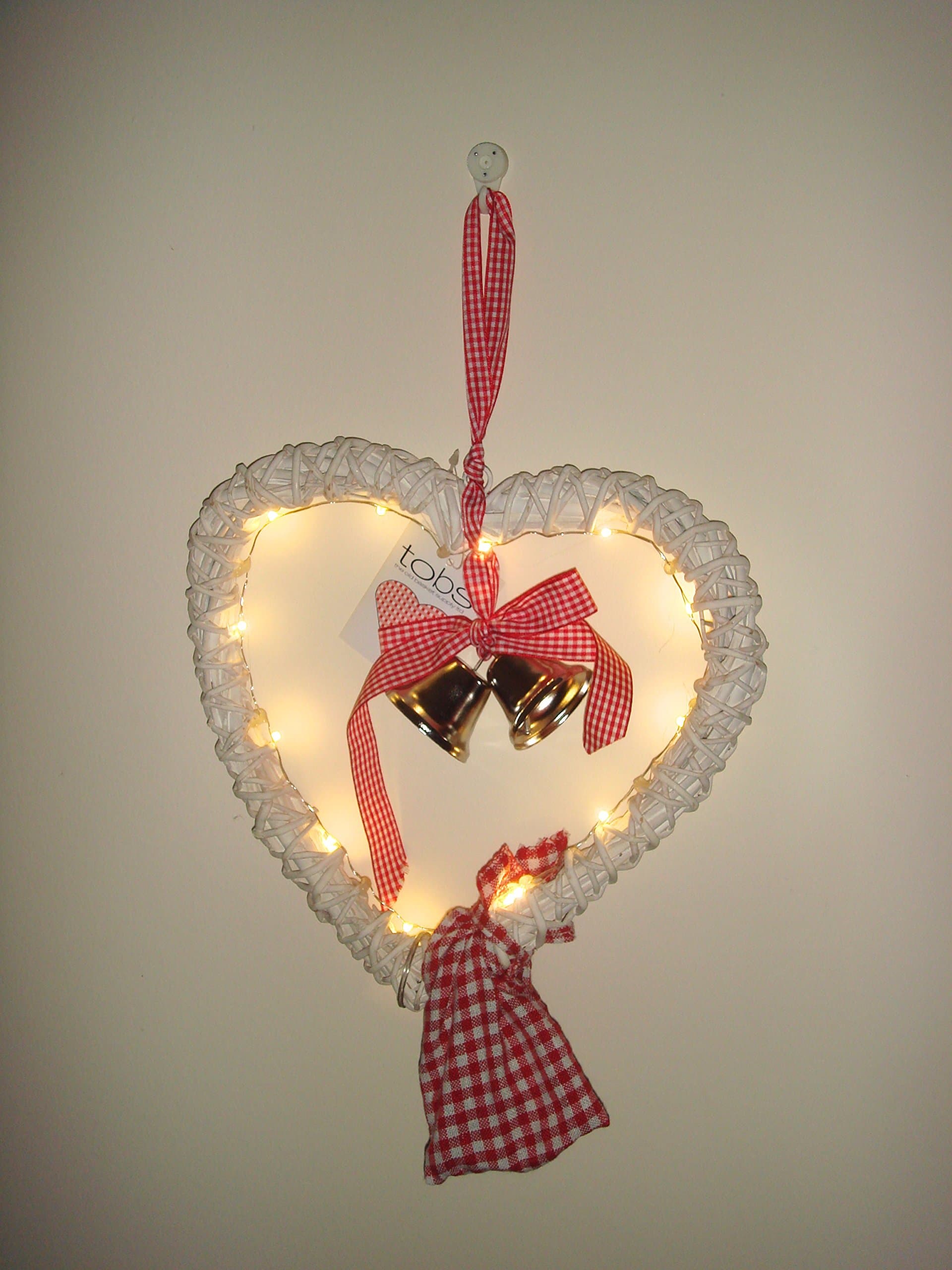 New Rustic Wicker Wall Hanging Silver Bells Shabby Chic LED Lights Heart
