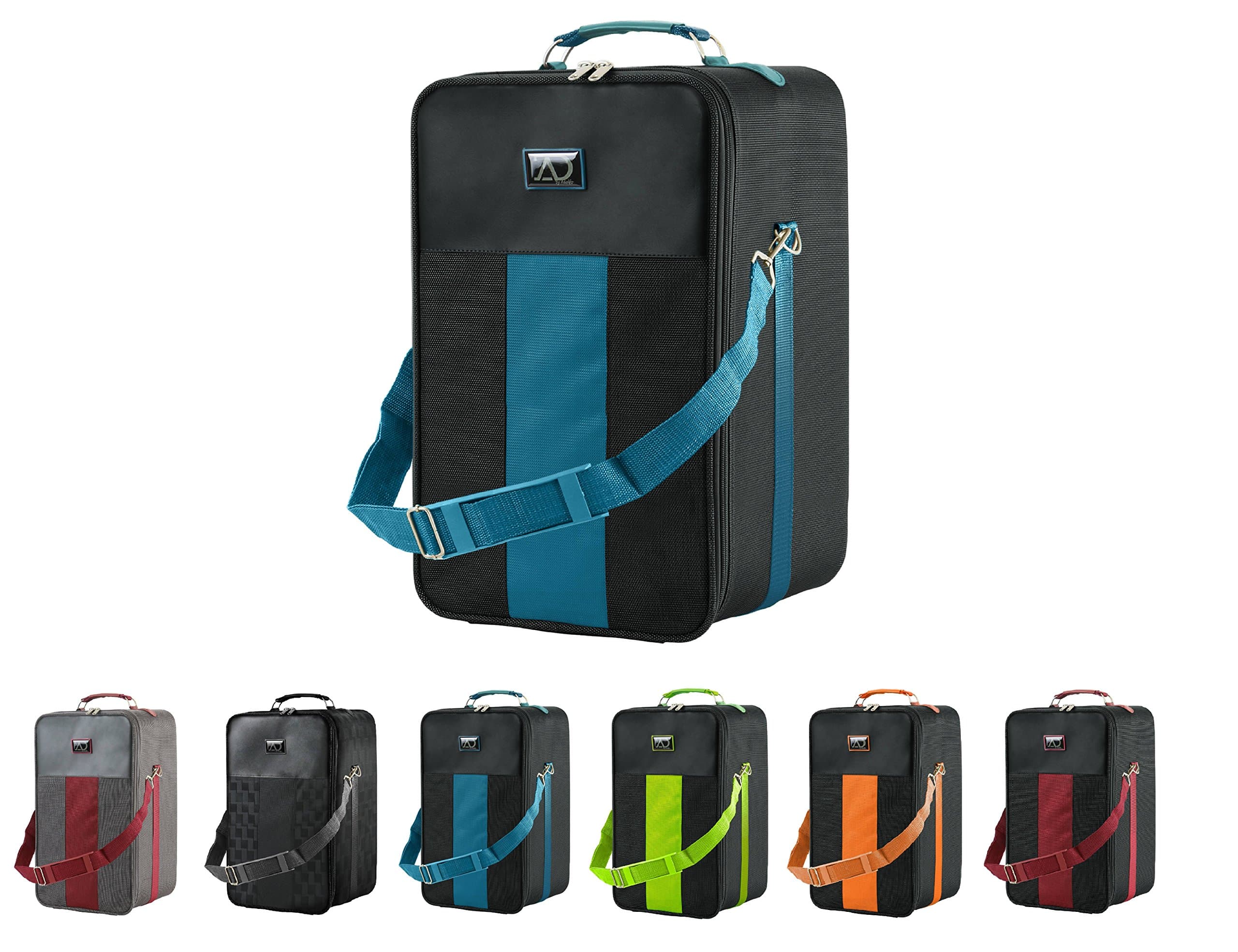 Large Wig Travel Box with Top Handle, Shoulder Strap & Double Zipper, Carrying Case with Removable Head-Holding Base - Black & Blue - by Adolfo Design