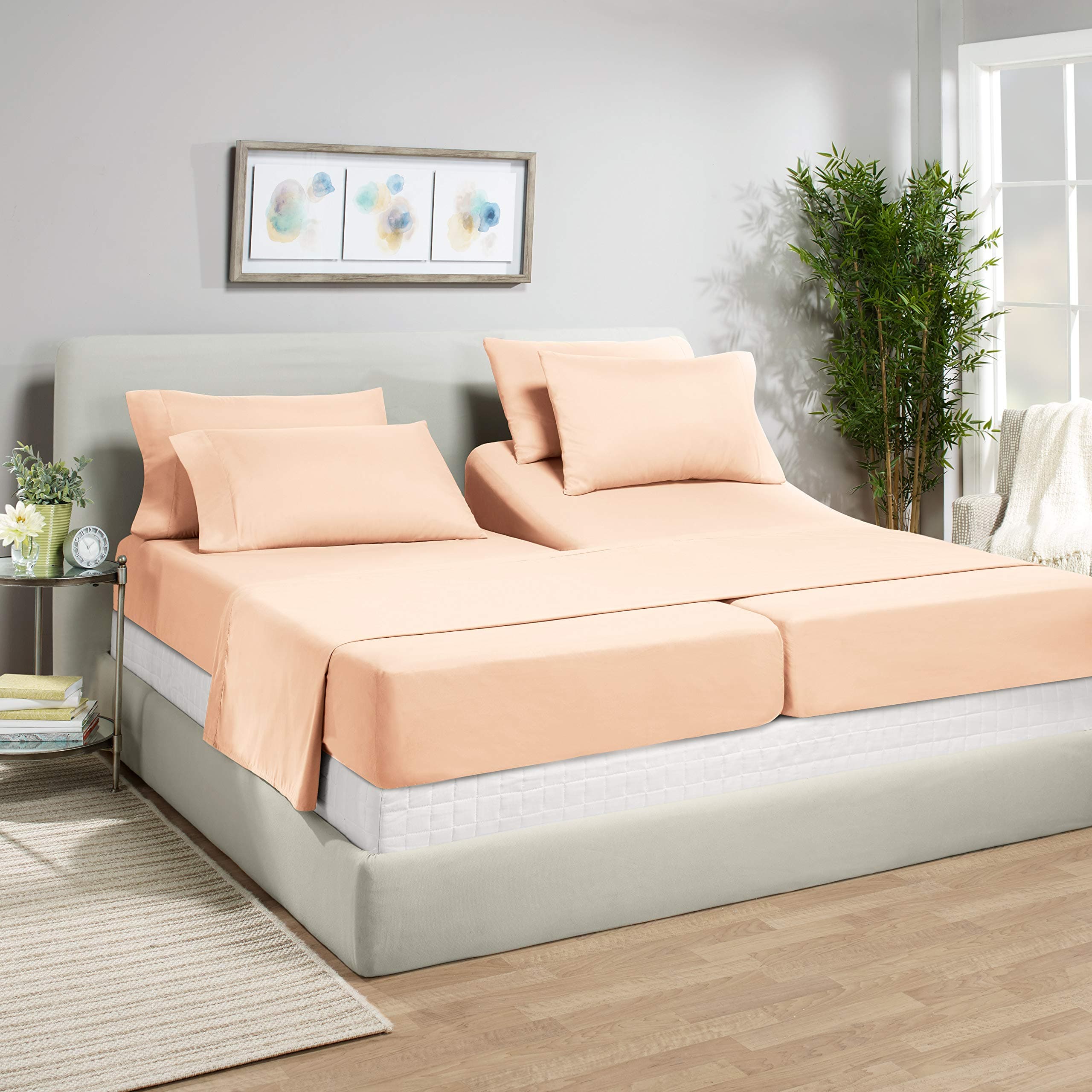 Split King Sheet Sets - 7 Piece Split King Size Sheets - 18"-21" Split King Size Sheets With Deep Pockets - Soft Microfiber Split King Size Sheets Set - Fitted Split King Size Sheets - Pale Blush