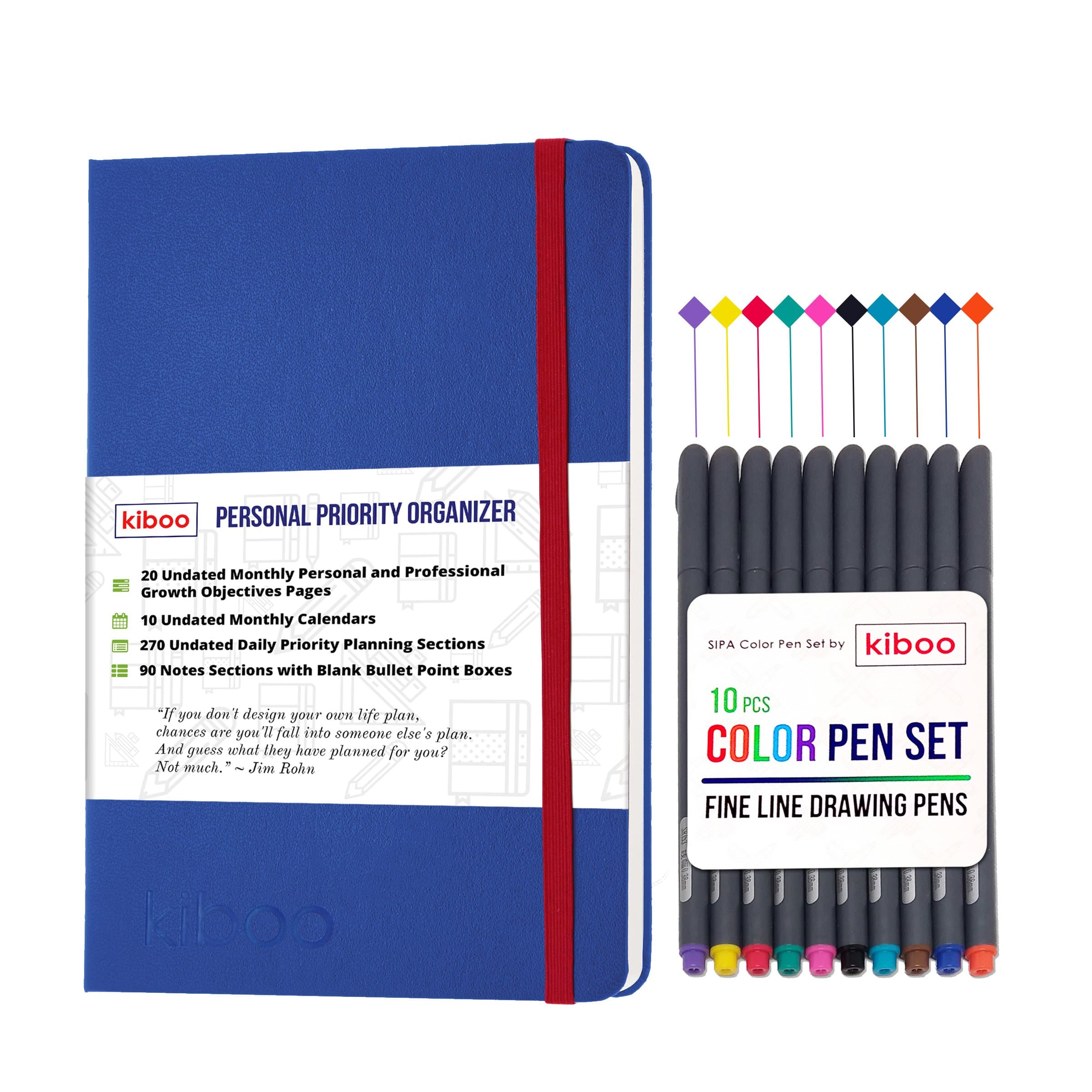 KIBOO Personalized Leather Journal Notebook 2017-2018 - Professional & Personal Success A4/ 8.3" x 11.7" Blue, Undated Daily Planner Agenda - Smart Academic Weekly & Monthly Goal Organizer Calendar