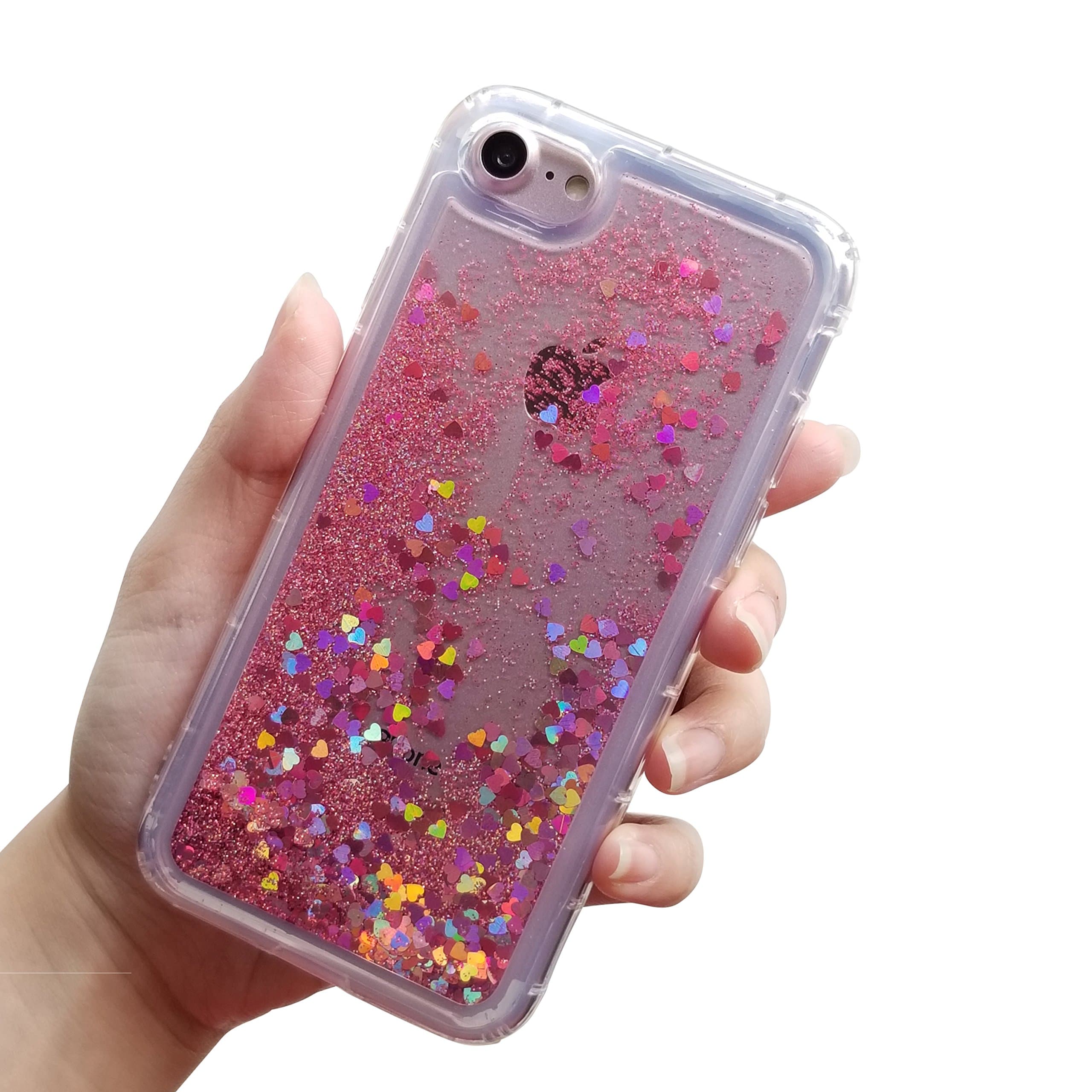 for iPhone 7 4.7" for iPhone 8 4.7" Floating Holographic Hearts Moving Liquid Waterfall Glitter Quicksand Bling Cute Back Cover Case (Rose Gold)