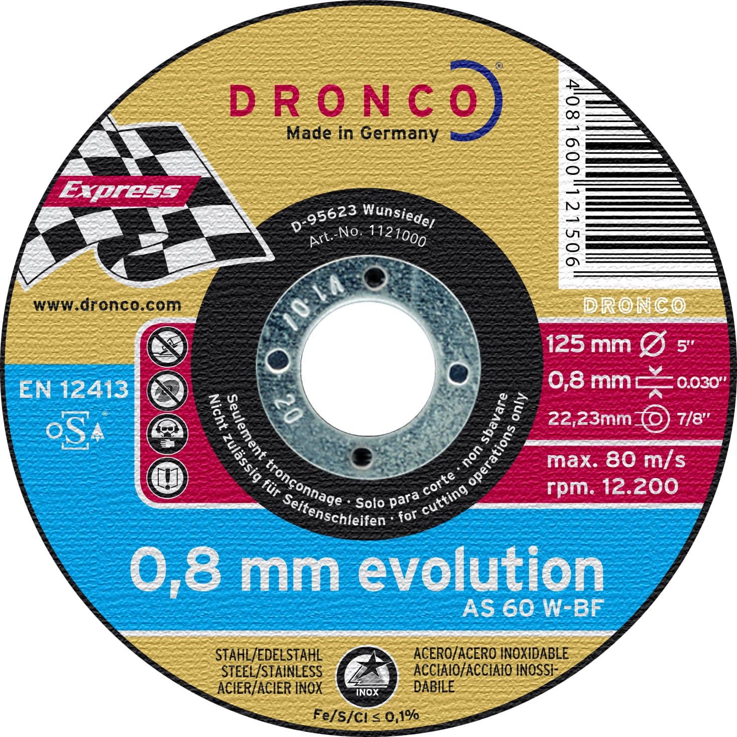 Precise Engineered Dronco AS 60 W Evolution 115mm x 0.8mm x 22.2mm Bore Angle Grinder Cutting Discs for All Steel & Sheet Materials [Pack of 10] [Top Spec] - w/3yr Rescu3® Warranty
