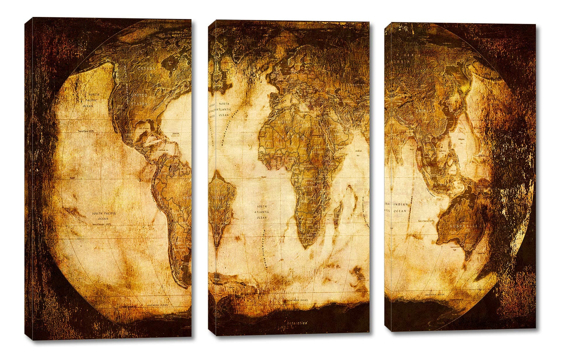 HUGE – 90x60 – Rustic World Map - 3 Panel Split (Triptych) Canvas Print. (30x60 each panel). Gallery Wrap Stretched on 1.5” setretcher bars.