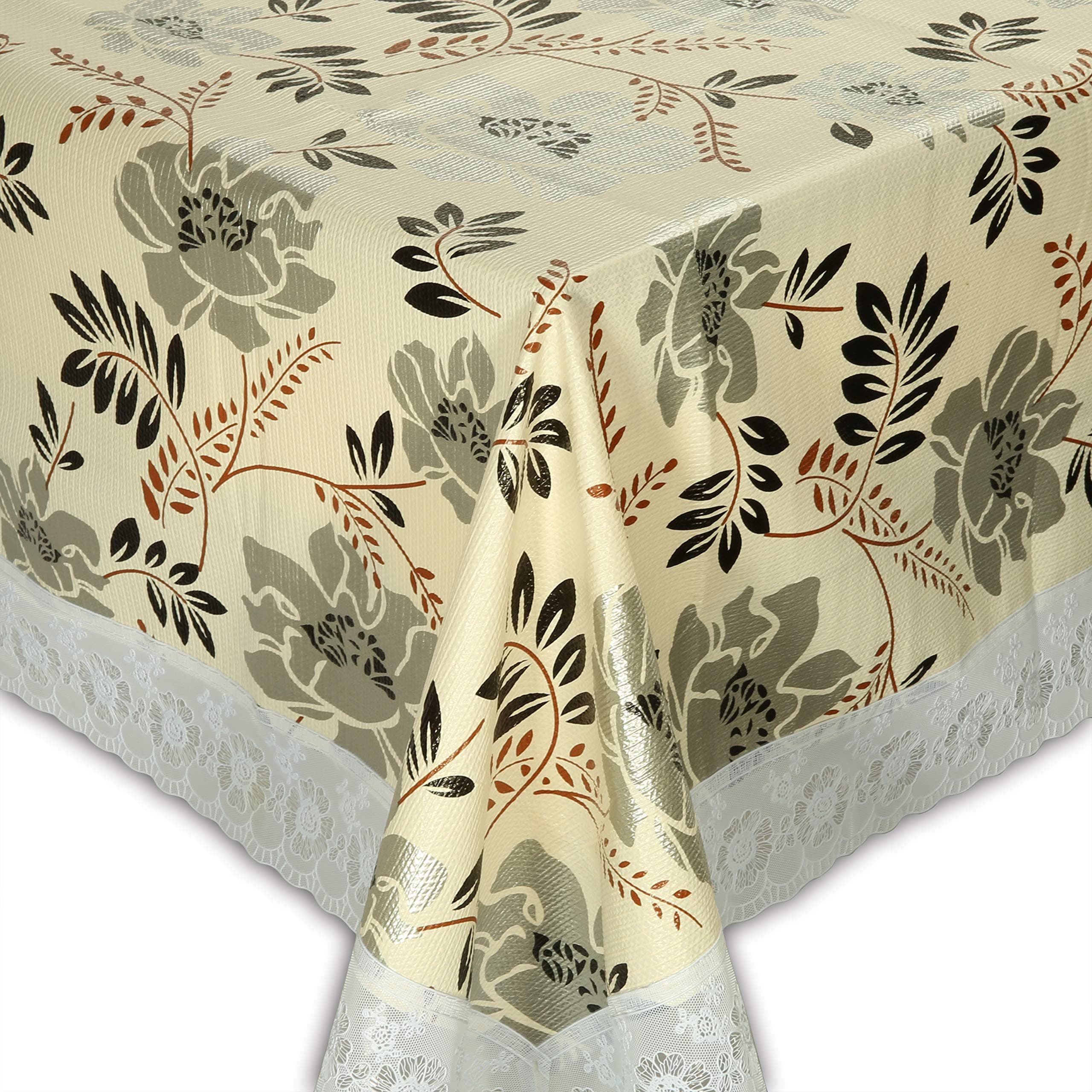 QUEENSHOW Polyester Oblong Plastic Tablecloth Laced Table Desk Cover Cloth Picnic Blanket for Kitchen Dinning Tabletop, 54”x72” Rosette Pattern