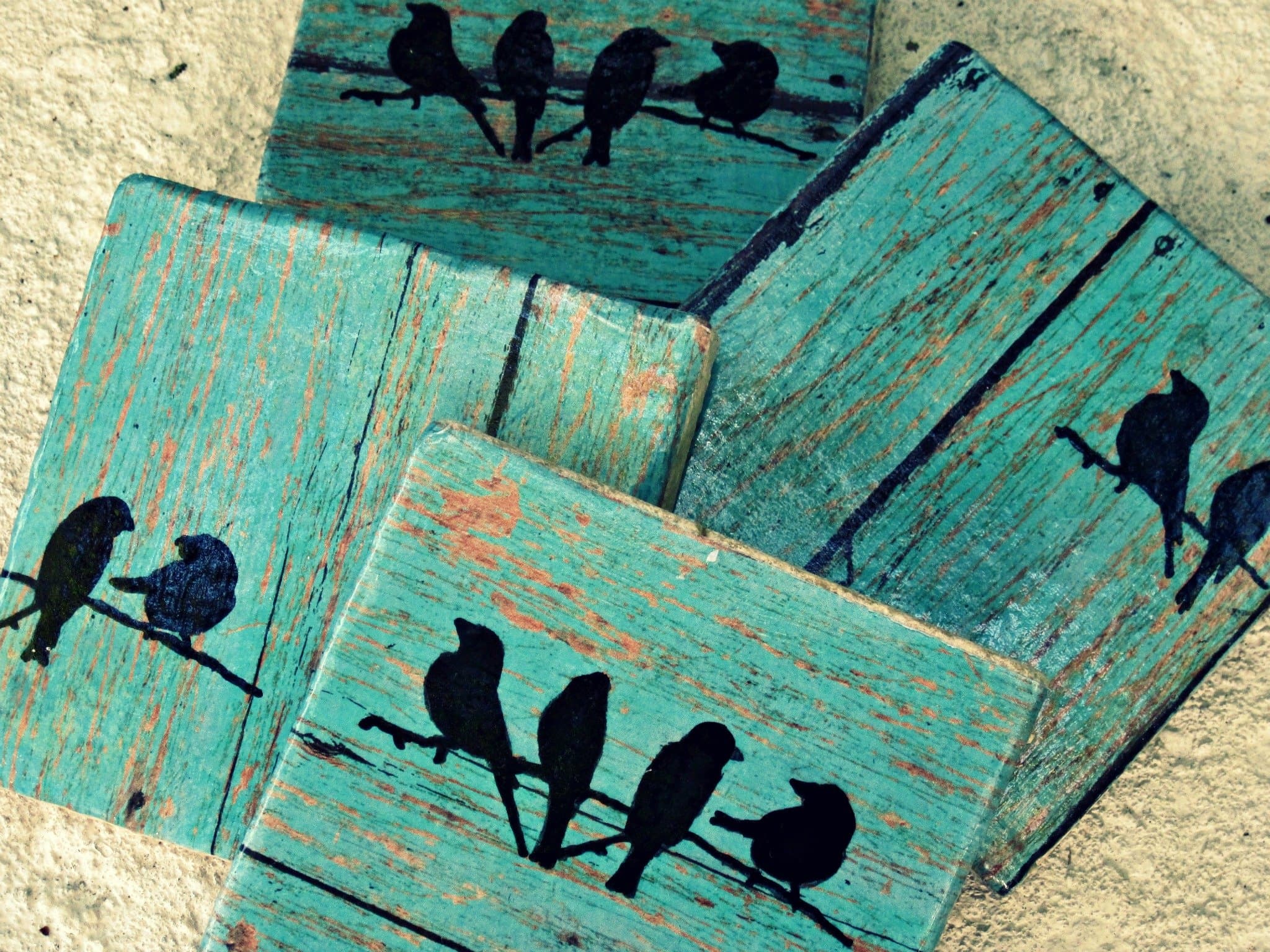 Rustic Coasters---Teal Wood with Birds Tile Coasters...set of 4, employee gift, coworker gift, Christmas gift, wedding gift, present