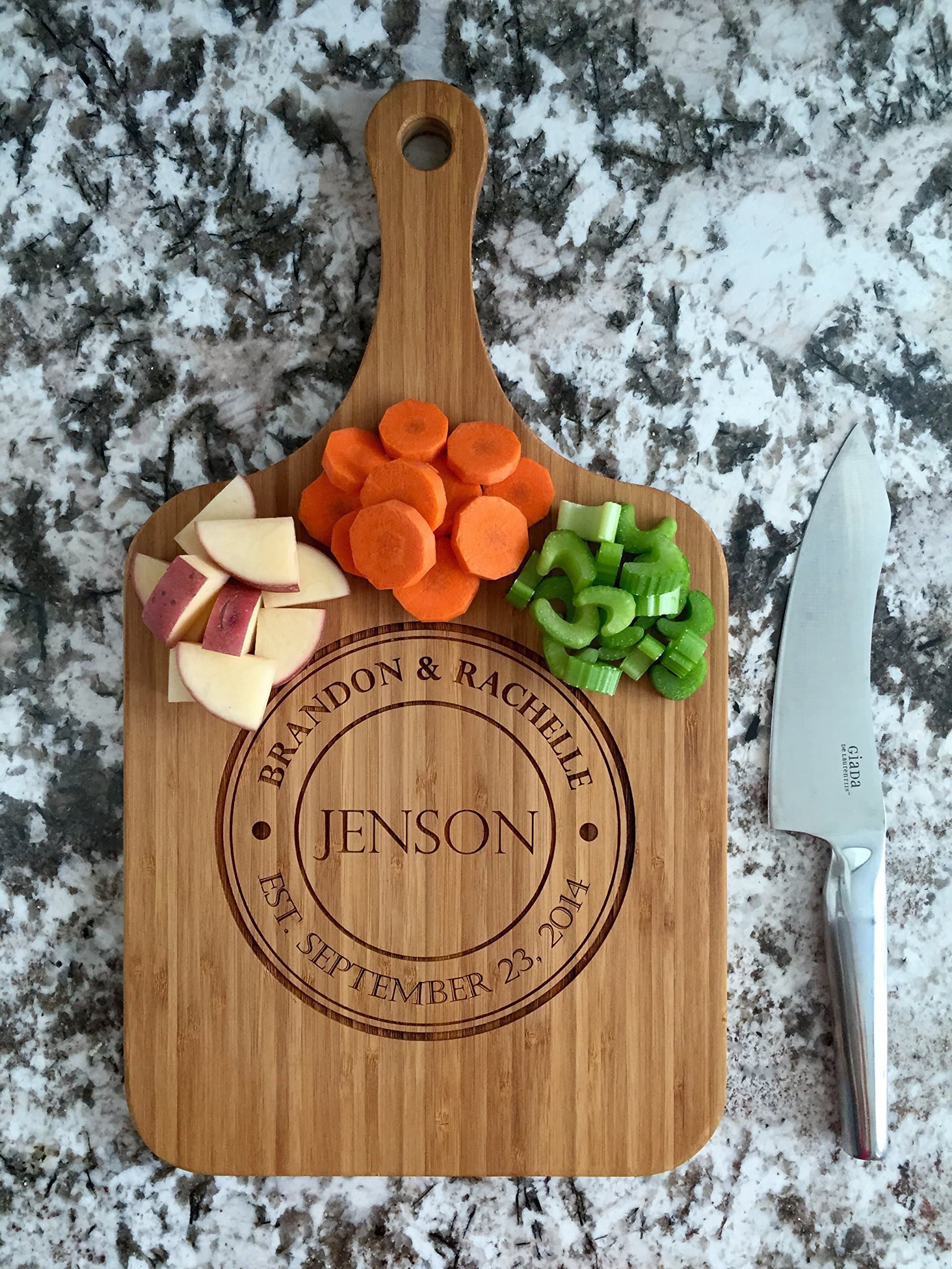 Personalized Engraved Cutting Board (Jenson Design) with Handle Housewarming and Wedding Gift for Kitchen (10 x 18…