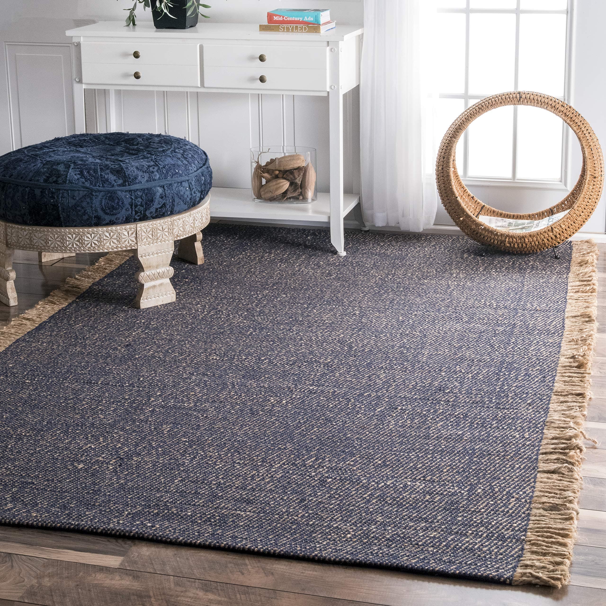 nuLOOM Amalia Flatweave Solid Tassel Jute Rug, 5' x 8', Blue