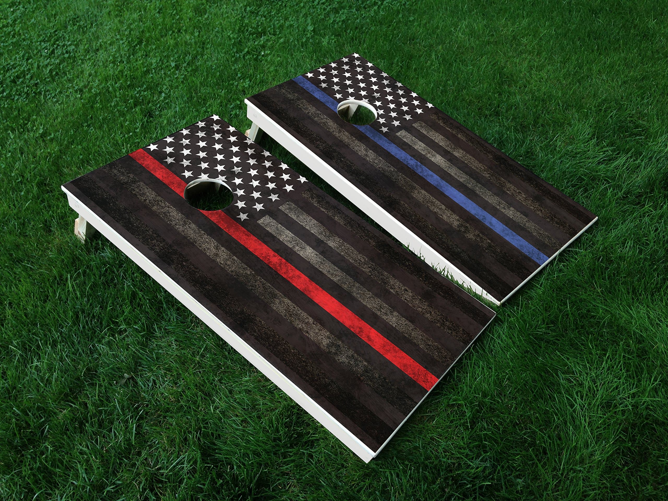 Distressed America Thin Blue LINE 01 / Thin RED LINE 01 Combo USA Flag Police Cornhole WRAP Set Vinyl Board Decal Baggo Bag Toss Boards Made in The USA