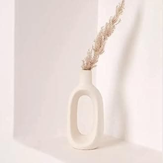 Handcrafted Ceramic Vase Oval Shape | Beige Ceramic Flower Vase Matte Finish 8 Inch Long Oval Shape Bottle Vase Centerpiece for Living Room, Dining Table Decoration