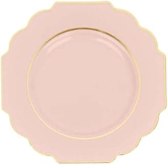 Efavormart 10 Pack | 11" Blush/Rose Gold Hard Plastic Dinner Plates, Disposable Tableware, Baroque Heavy Duty Plates with Gold Rim