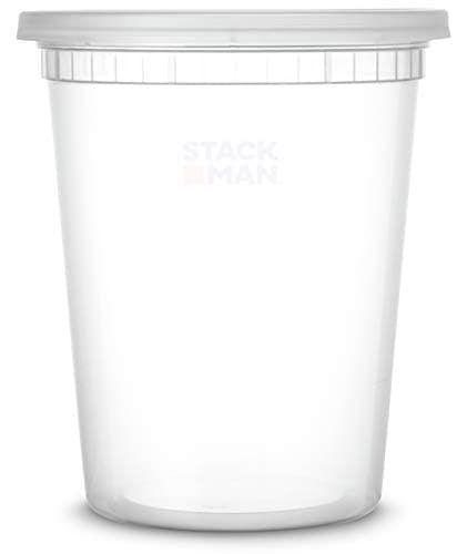 Stack Man [48 Pack, 32 oz] Plastic Deli Food Storage Soup Containers With Airtight Lids, Freezer Safe | Meal Prep | Stackable | Leakproof | BPA Free, 32 ounces, Clear