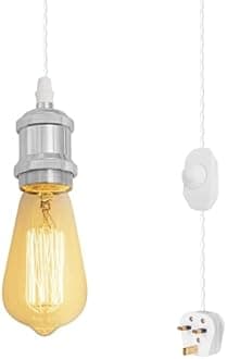 FSLiving 4.5 Meters of White Twisted Fabric Cable Plug In Pendant Lighting Kit Pendant Light Fitting with Dimmer Switch and E27 Silver Lamp Holder