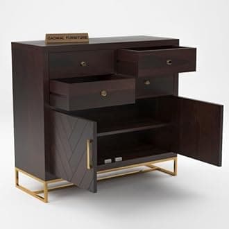 GADWAL FURNITURE Solid Sheesham Wood Wooden Sideboard & Chest of Drawer with 4 Drawers and 2-Door Storage (Owan, Walnut Finish)