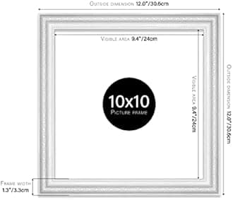 Almost Frameless 10x10 White Ornate Picture Frame 10"x10"(25.4x25.4cm) Poster, Photo, Artwork, or Print. Baroque Style Portrait and Landscape Display with Wall Hooks