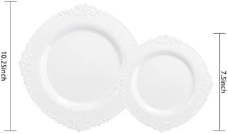 Morejoy 100PCS White Plastic Plates，White Disposable Plates，Include 50 Pieces 10.25 Inch Dinner Plates & 50Pieces 7.5 Inch Dessert Plates,Perfect for Weddings & Party