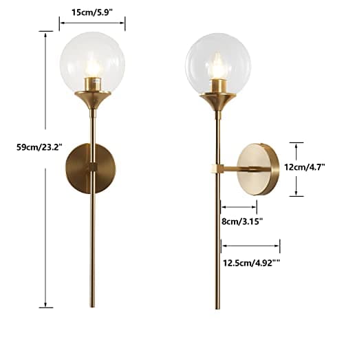 KCO Lighting Vanity Clear Bubble Glass Wall Lights Modern Globe Round Sconces Wall Lighting Brushed Brass Long Wall Sconce Mid Century Bar Bathroom Wall Lamp (Clear)