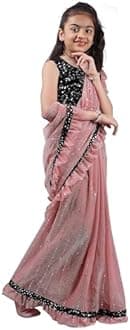 Kids Girls Lycra Blend Saree With Unstitched Sequence Blouse Piece (3-4 yrs to 11-12 yrs) (Pink, 5-6 Years - M)