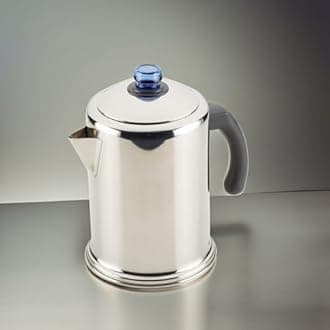 Farberware Classic Stainless Steel Coffee Percolator, 12 Cup, Silver with Glass Blue Knob, 7.28"D x 8.86"W x 10.83"H
