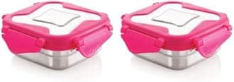 STEELLOCK Smart Stainless Steel Tiffin Lunch Box for Kids and Adults | Airtight & Leakproof | Square Tiffin Box for School & Office with Steel Lid | Pink 360 ml 2 pc