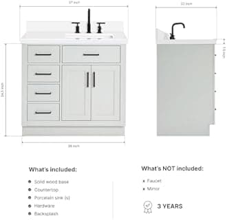 ARIEL Bathroom Vanity 37" Grey with 1.5" Edge Pure White Quartz Countertop & Backsplash, Right Rectangular Sink, 2 Soft Closing Doors, 5 Full Extension Dovetail Drawers, Toe Kick, Matte Black