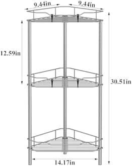 3 Tier Floor Standing Corner Shower Caddy Organizer Shelf with Hooks, Bathroom Shelves Stand Rack, Gray