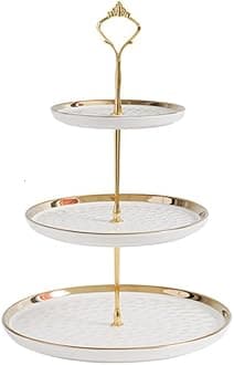FURN ASPIRE Luxurious Ceramic Three-Layer Fruit Plate, Detachable Serving Trey Dessert Tower for Wedding Birthday Summer Baby Shower Graduation Tea Party. (White 15x20x26 cm 3-Layer Plate- Round)