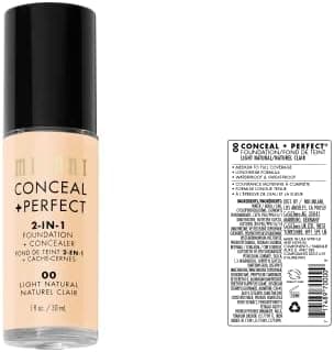 Milani Conceal + Perfect 2-in-1 Foundation + Concealer | Full Coverage Long Wear Makeup | Lightweight, Hydrating with Vitamin E | Covers Redness, Dark Circles, Crease-Proof, Paraben-Free | 00 Light Natural | 30ml