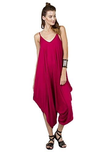 Solid Color Ladies Spaghetti Strap Loose Fit Harem Jumper Multi Color Available (Small, Fuschia)