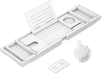 Zhuoyue Bamboo Bathtub Tray, Expandable Premium Bath Tray for Luxury Bathroom, Adjustable Bath Accessories for Tub with Soap Towel Book Holder, Extendable 29.5-43.3" White