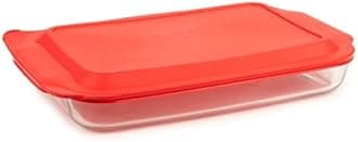 Pyrex Basics 4.8 QT Glass Baking Dish with Plastic Lid, Casserole Dish, Glass Food Container, Oven, Freezer and Microwave Safe, Clear Container