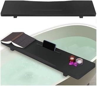 Stylish Black Bamboo Bathtub Tray Caddy with Adjustable Legs, Minimalistic Design Bath Tray for Tub, Bathtub Accessories, Fits Most Free Standing Bath Tubs, Idea for Women