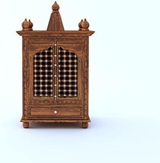 Ganpati Arts Solid Sheesham Wood Temple in Brass Work with Two Doors and One Drawer Storage Wooden Mandir for Home and Office - Natural Finish 1 Year Warranty